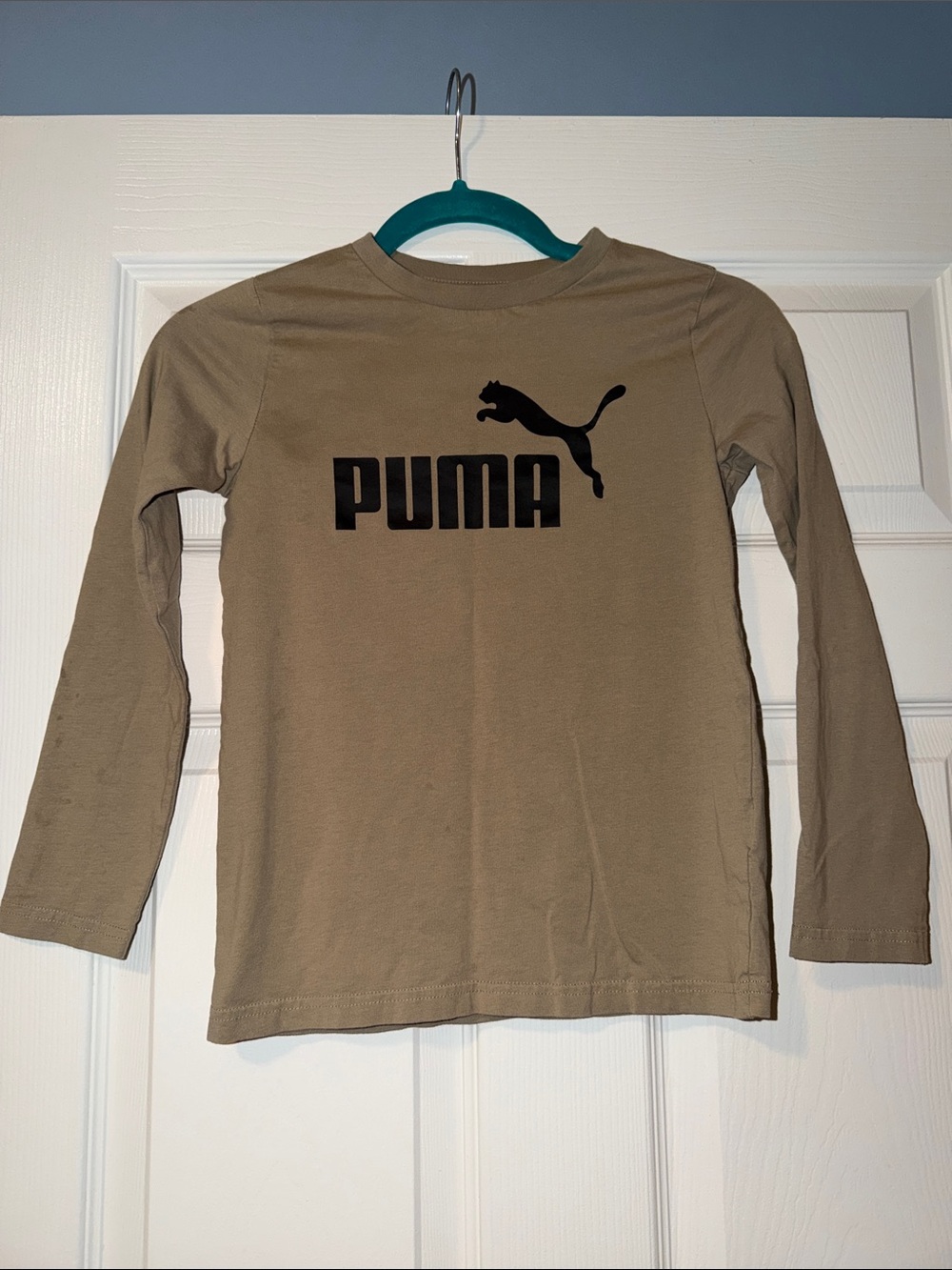 Puma Long-Sleeve Logo Tee in Tan with Black Print